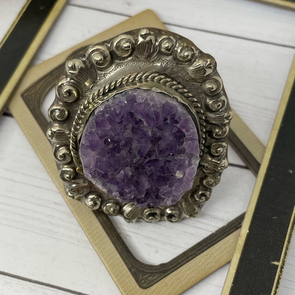 Amethyst Druzy Adjustable Tibetan Statement Ring 2” Handcarved